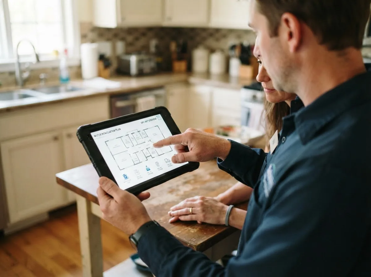 Water damage restoration technician inspecting a home in Henderson, KY